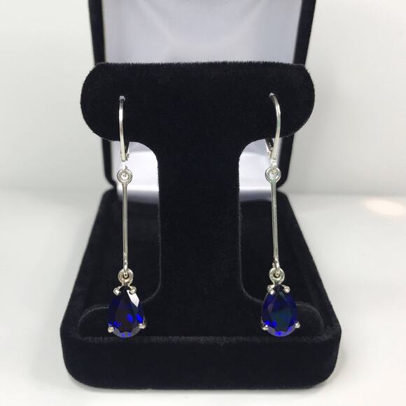 Beautiful 2" 6ctw Sapphire Earrings in Sterling Silver Lab Grown Sapphires - Picture 6 of 8